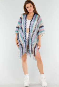 Pastel Zigzag Cover-Up met Franjes en Open Gehaakt Motief