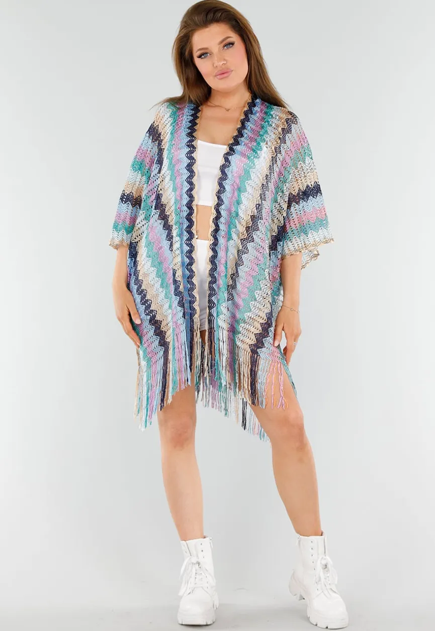 Pastel Zigzag Cover-Up met Franjes en Open Gehaakt Motief
