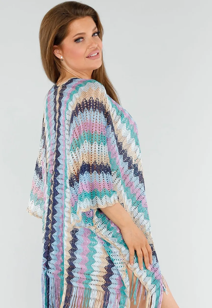 Pastel Zigzag Cover-Up met Franjes en Open Gehaakt Motief