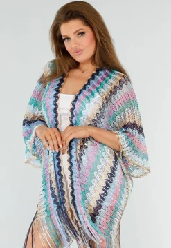 Pastel Zigzag Cover-Up met Franjes en Open Gehaakt Motief