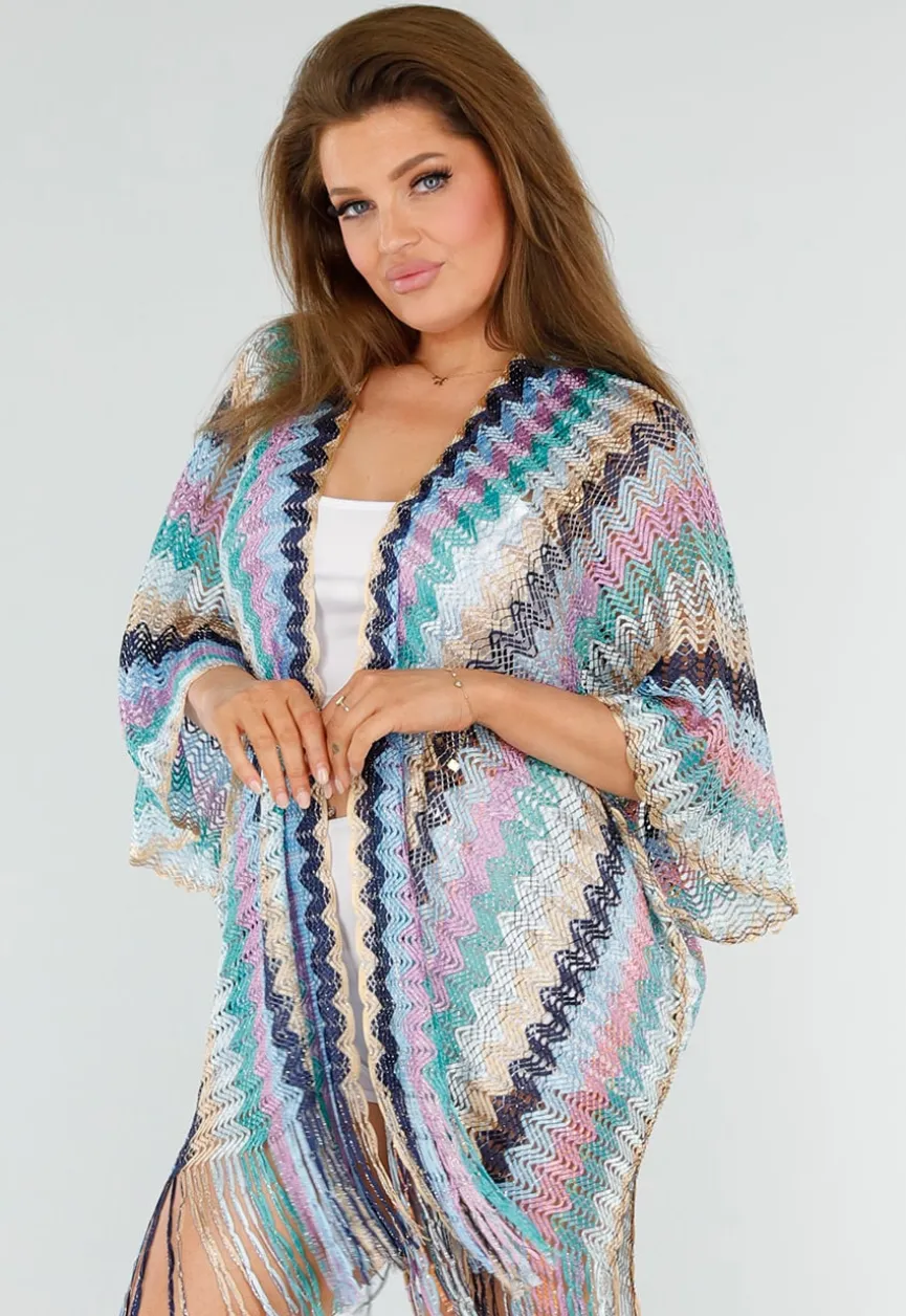Pastel Zigzag Cover-Up met Franjes en Open Gehaakt Motief
