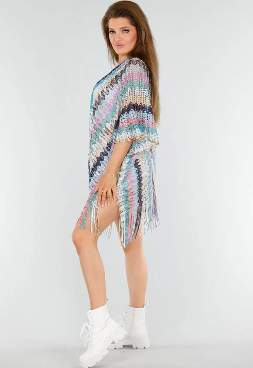 Pastel Zigzag Cover-Up met Franjes en Open Gehaakt Motief