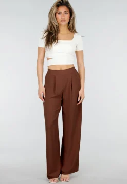 Petite High Waist Bruine Linnen Look Broek met Tailleband