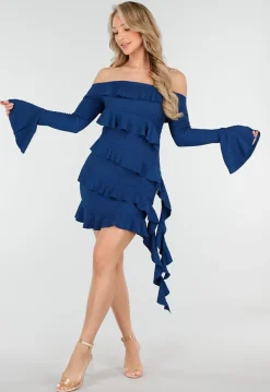 Petrolkleurige Off Shoulder Jurk met Volants en Lange Mouwen