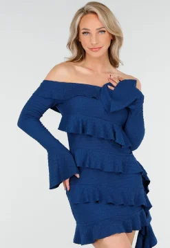 Petrolkleurige Off Shoulder Jurk met Volants en Lange Mouwen