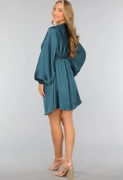 Petrol Satin Jurk met Lange Mouwen