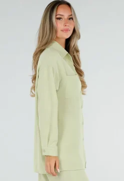 Pistache Blouse met Kraag, Knoopsluiting en Lange Mouwen