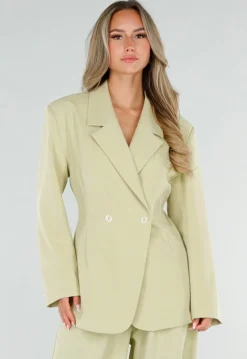 Pistache Groene Double Breasted Getailleerde Blazer met Reverskraag