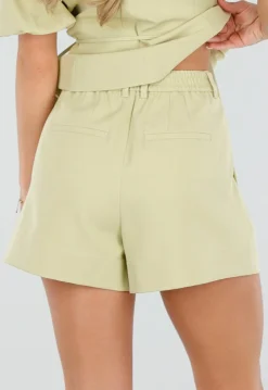 Pistache Groene Plooi Short met Elastische Taille