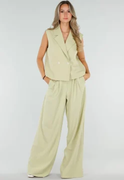 Pistache Groene Tall Wide Leg Broek met Plooien