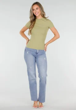 Pistache Stretch T-Shirt met Ronde Hals en Korte Mouwen