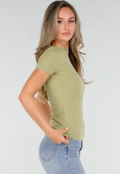 Pistache Stretch T-Shirt met Ronde Hals en Korte Mouwen
