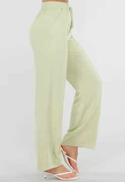 Pistache Wide Leg Broek met Elastische Taille en Strikkoord