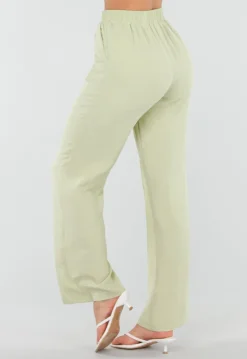 Pistache Wide Leg Broek met Elastische Taille en Strikkoord