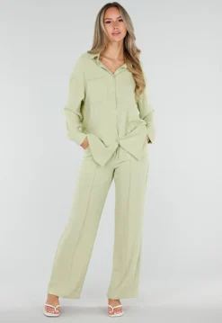 Pistache Wide Leg Broek met Elastische Taille en Strikkoord