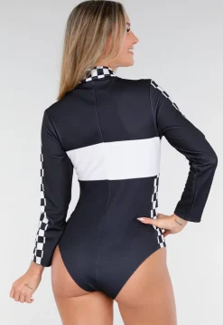 Race Kostuum met Wit Zwarte Bodysuit Geblokt Racepatroon met Stretch