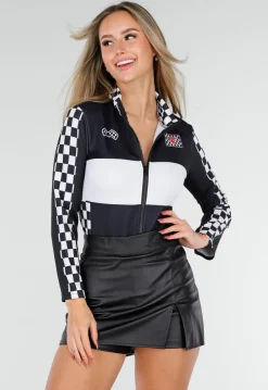 Race Kostuum met Wit Zwarte Bodysuit Geblokt Racepatroon met Stretch