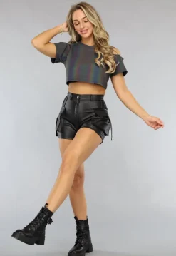 Reflecterende Crop Top met Korte Mouwen en Kettingdetail