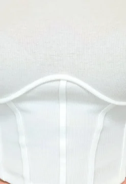 Rib Gebreide Witte Longsleeve Top met Korset Detail
