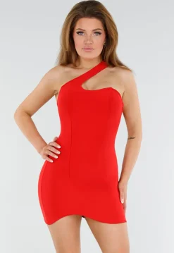 Rode Asymmetrische One Shoulder Bodycon Mini Jurk