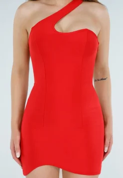 Rode Asymmetrische One Shoulder Bodycon Mini Jurk