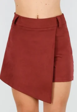 Rode Asymmetrische Skort met Stretch en Suède Look