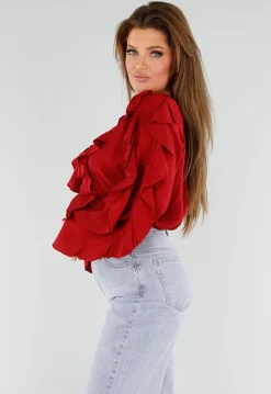Rode Blouse met Volants en Losvallende Ballonmouwen