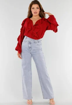 Rode Blouse met Volants en Losvallende Ballonmouwen