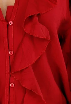 Rode Blouse met Volants en Losvallende Ballonmouwen