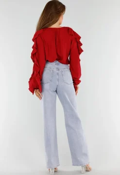 Rode Blouse met Volants en Losvallende Ballonmouwen