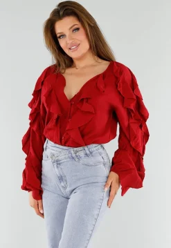 Rode Blouse met Volants en Losvallende Ballonmouwen
