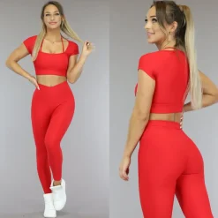 Rode Fijne Rib Sporttop met Straps