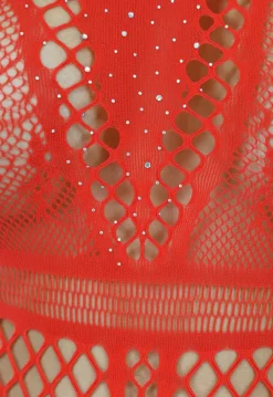 Rode Fishnet Bodysuit met Glitters