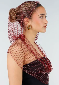 Rode Fishnet Top met Capuchon en Strass Steentjes