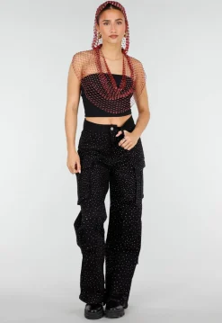 Rode Fishnet Top met Capuchon en Strass Steentjes