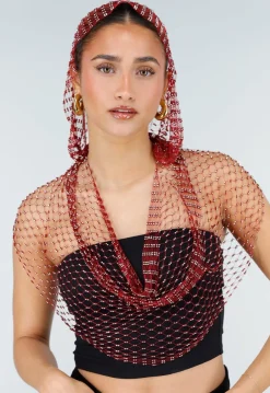 Rode Fishnet Top met Capuchon en Strass Steentjes