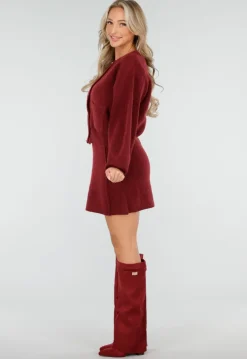 Rode Gebreide 2-Piece Set met Vest en Rok