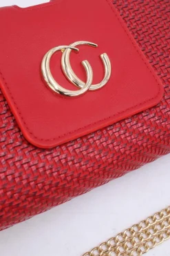 Rode Gevlochten Clutch van Imitatieleer met Gouden Schouderketting
