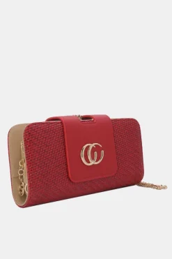 Rode Gevlochten Clutch van Imitatieleer met Gouden Schouderketting