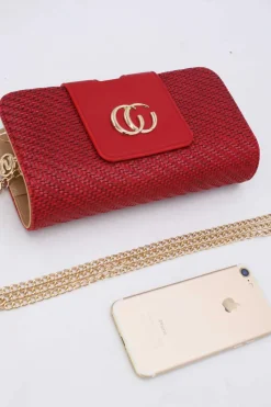 Rode Gevlochten Clutch van Imitatieleer met Gouden Schouderketting