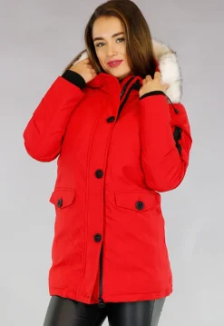 Rode Gewatteerde Parka met Beige Imitatiebont