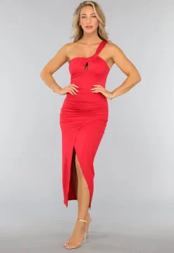 Rode Glanzende Bodycon Jurk met Pads
