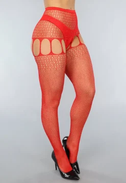 Rode Jarretel Look Fishnet Panty met Strass