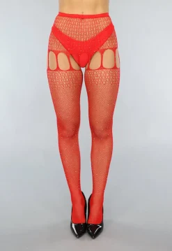 Rode Jarretel Look Fishnet Panty met Strass