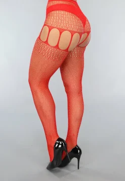 Rode Jarretel Look Fishnet Panty met Strass