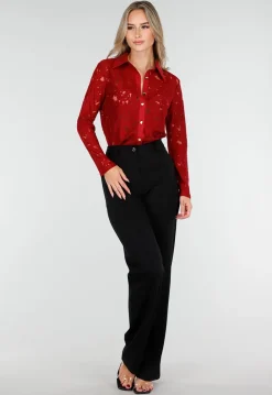 Rode Kanten Blouse met Knoopsluiting en Lange Mouwen