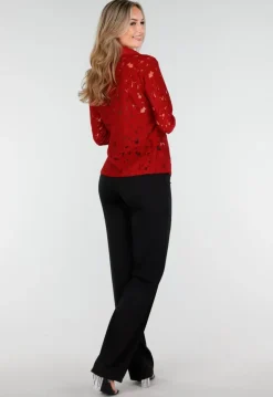 Rode Kanten Blouse met Knoopsluiting en Lange Mouwen