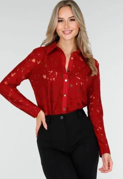 Rode Kanten Blouse met Knoopsluiting en Lange Mouwen
