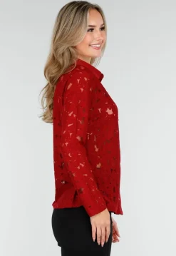 Rode Kanten Blouse met Knoopsluiting en Lange Mouwen