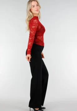 Rode Kanten Mesh Top met Lange Mouwen en Col